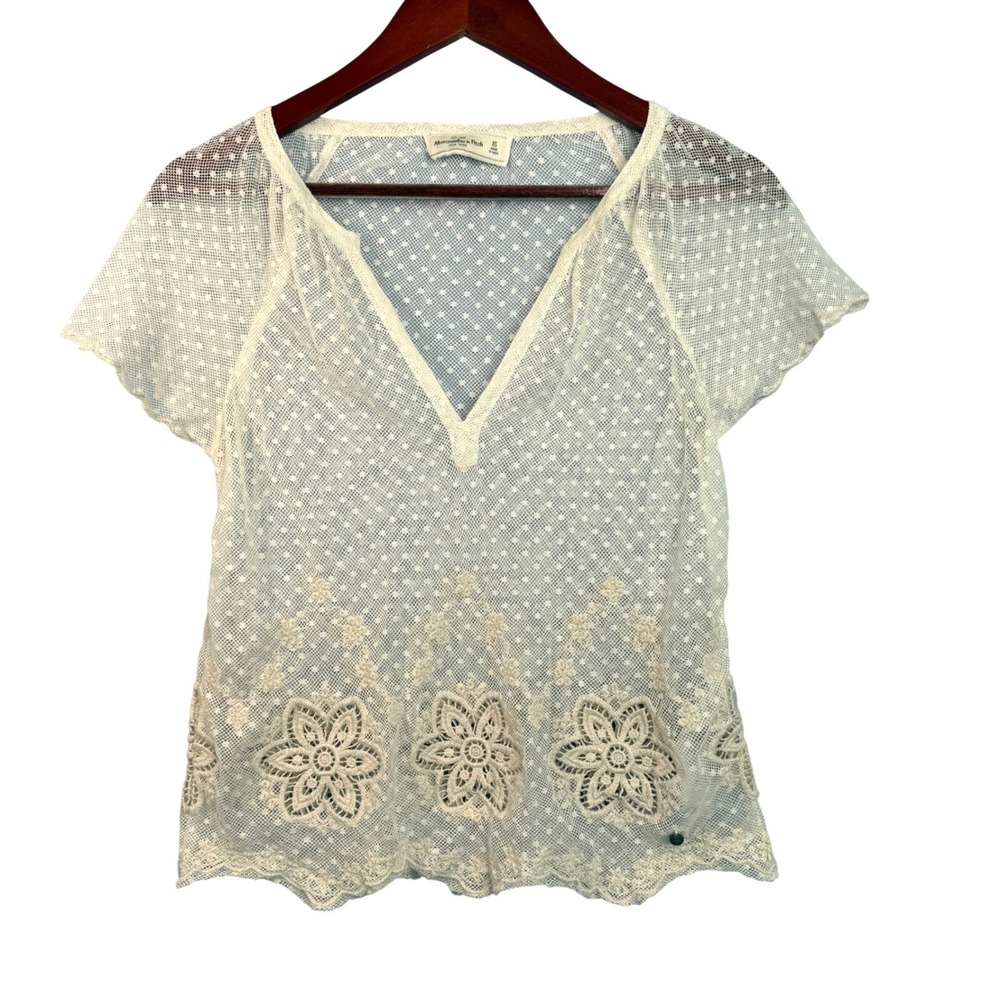 Vtg Y2K Abercrombie & Fitch Top XS Lace Cream Short Sleeve Coquette Cowgirl